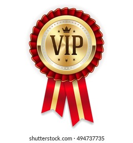 Gold Vip Member Rosette With Red Ribbon On White Background