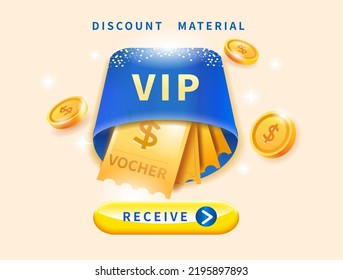 Gold VIP Premium Luxury Promotion Coupon, Coupon, Ticket Template, Blue E-Gift Card with Coins