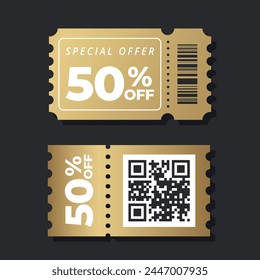 Gold Vip Sale coupon. Retro ticket illustration. Shoping cupon. Gold ticket. Vector discount gold coupon set flyer sticker or banner with barcode