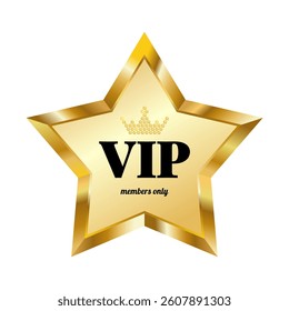 Gold VIP star with diamond crown. Five pointed clip art. Vector illustration on white background