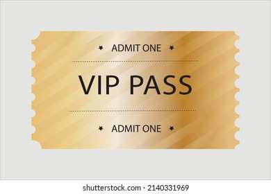 Gold vip ticket. Carnival cupon. Retro ticket illustration.Festival coupon. Gold ticket on the cinema