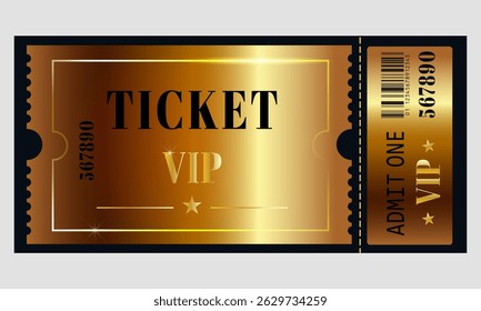 Gold VIP ticket template with barcode for cinema, theater, festival, concert, theatre. Isolated vector ticket is suitable for luxury events, premieres or exclusive access.