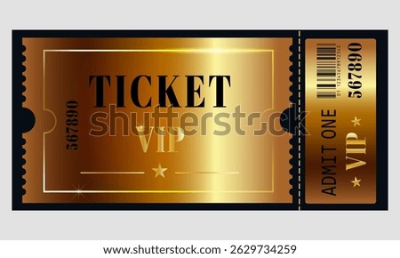 Gold VIP ticket template with barcode for cinema, theater, festival, concert, theatre. Isolated vector ticket is suitable for luxury events, premieres or exclusive access.