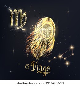 Gold Virgo zodiac sign poster with girl face zodiac figure, symbol glyphs, constellation and zodiac name on black background. Glowing low polygonal style. Modern abstract design vector illustration