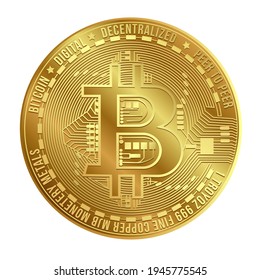 Moneda de bitcoin virtual de oro aislada en fondo blanco. La criptodivisa popular. Concepto de dinero digital de Bitcoin.