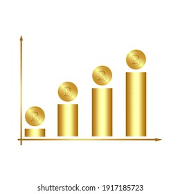 Gold virtual cryptocurrency coin bitcoin. Graph Bitcoin revenue growth. Virtual money capitalization rise. Fast growth of bitcoin rate, earnings on cryptocurrency. Bright Vector isolated illustration