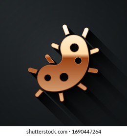 Gold Virus icon isolated on black background. Corona virus 2019-nCoV. Bacteria and germs, cell cancer, microbe, fungi. Long shadow style. Vector Illustration