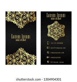Gold Visiting Card - Business Vector Card creative Design, Islamic style, front and back samples, luxury templates in classic colors, blank layout for your idea
