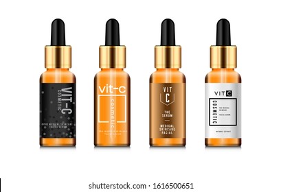 gold vitamin-c luxury beauty cosmetic serum medical skin care of dropper bottle, oil liquid essential collagen mock up, vector illustration