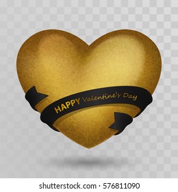 Gold volumetric retro heart and black ribbon with golden lettering Happy Valentines Day. Isolated on transparent background with shadow. Vector illustration for Holiday design.
