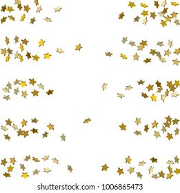 Gold volumetric star-confetti fall on a white background.  Illustration of flying shiny stars. Decorative element. Bright design pattern. Suitable for your design, cards, invitations, gift, vip.
