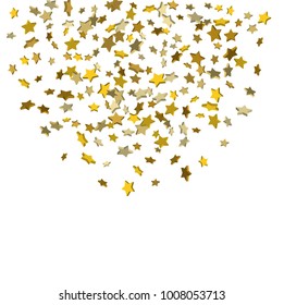 Gold volumetric star-confetti fall on a white background.  Illustration of flying shiny stars. Decorative element. Bright design pattern. Suitable for your design, cards, invitations, gift, vip.
