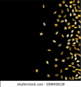 Gold volumetric star-confetti fall on a black background.  Illustration of flying shiny stars. Decorative element. Bright design pattern. Suitable for your design, cards, invitations, gift, vip.