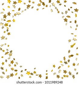 Gold volumetric star-confetti fall on a white background.  Illustration of flying shiny stars. Decorative element. Bright design pattern. Suitable for your design, cards, invitations, gift, vip.