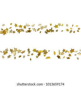 Gold volumetric star-confetti fall on a white background.  Illustration of flying shiny stars. Decorative element. Bright design pattern. Suitable for your design, cards, invitations, gift, vip.