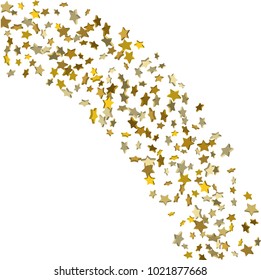 Gold volumetric star-confetti fall on a white background.  Illustration of flying shiny stars. Decorative element. Bright design pattern. Suitable for your design, cards, invitations, gift, vip.