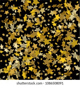 Gold volumetric star-confetti fall on a black background.  Illustration of flying shiny stars. Decorative element. Bright design pattern. Suitable for your design, cards, invitations, gift, vip.