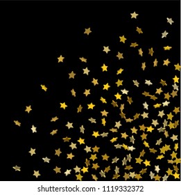 Gold volumetric star-confetti fall on a black background.  Illustration of flying shiny stars. Decorative element. Bright design pattern. Suitable for your design, cards, invitations, gift, vip.