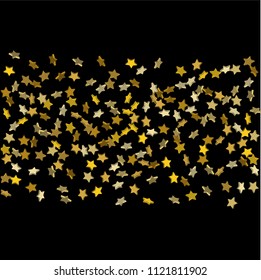 Gold volumetric star-confetti fall on a black background.  Illustration of flying shiny stars. Decorative element. Bright design pattern. Suitable for your design, cards, invitations, gift, vip.