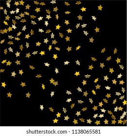 Gold volumetric star-confetti fall on a black background.  Illustration of flying shiny stars. Decorative element. Bright design pattern. Suitable for your design, cards, invitations, gift, vip.