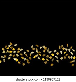 Gold volumetric star-confetti fall on a black background.  Illustration of flying shiny stars. Decorative element. Bright design pattern. Suitable for your design, cards, invitations, gift, vip.