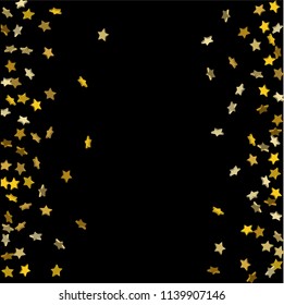Gold volumetric star-confetti fall on a black background.  Illustration of flying shiny stars. Decorative element. Bright design pattern. Suitable for your design, cards, invitations, gift, vip.