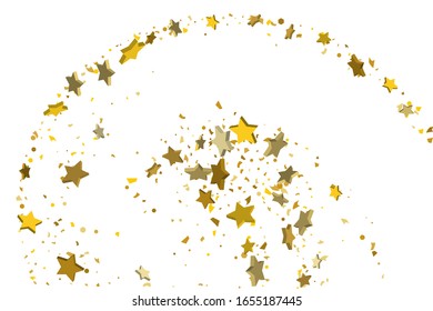 Gold volumetric star-confetti fall on a white background. Illustration of flying shiny stars. Decorative element. Luxury background for your design, cards, invitations, gift, vip. 