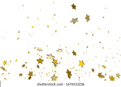 Gold volumetric star-confetti fall on a white background. Illustration of flying shiny stars. Decorative element. Luxury background for your design, cards, invitations, gift, vip. 