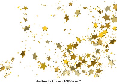 Gold volumetric star-confetti fall on a white background. Illustration of flying shiny stars. Decorative element. Luxury background for your design, cards, invitations, gift, vip. 