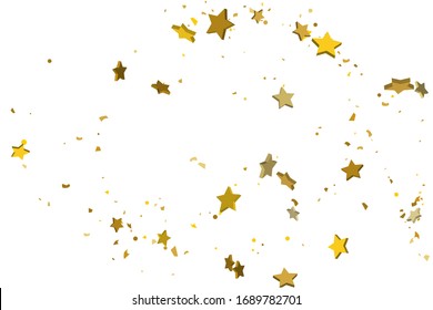 Gold volumetric star-confetti fall on a white background. Illustration of flying shiny stars. Decorative element. Luxury background for your design, cards, invitations, gift, vip. 