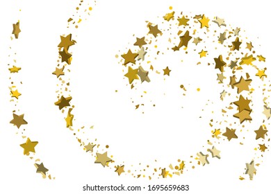 Gold volumetric star-confetti fall on a white background. Illustration of flying shiny stars. Decorative element. Luxury background for your design, cards, invitations, gift, vip. 