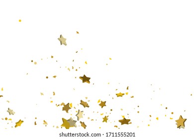 Gold volumetric star-confetti fall on a white background. Illustration of flying shiny stars. Decorative element. Luxury background for your design, cards, invitations, gift, vip. 