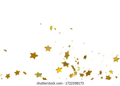 Gold volumetric star-confetti fall on a white background. Illustration of flying shiny stars. Decorative element. Luxury background for your design, cards, invitations, gift, vip. 