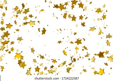 Gold volumetric star-confetti fall on a white background. Illustration of flying shiny stars. Decorative element. Luxury background for your design, cards, invitations, gift, vip. 