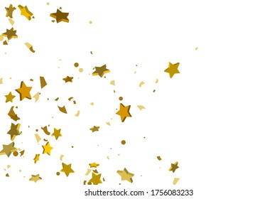 Gold volumetric star-confetti fall on a white background. Illustration of flying shiny stars. Decorative element. Luxury background for your design, cards, invitations, gift, vip. 