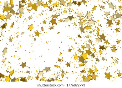 Gold volumetric star-confetti fall on a white background. Illustration of flying shiny stars. Decorative element. Luxury background for your design, cards, invitations, gift, vip. 