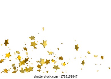 Gold volumetric star-confetti fall on a white background. Illustration of flying shiny stars. Decorative element. Luxury background for your design, cards, invitations, gift, vip. 