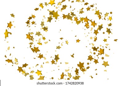 Gold volumetric star-confetti falling on a white background. Illustration of flying shiny stars. Decorative element. Luxury background for your design, cards, invitations, gift, vip. 