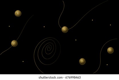 Gold volumetric textured large round beads on a gold contour twisting thread on a black background