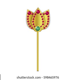 Gold volumetric tulip with raspberry and green precious stones ruby and emerald and beautiful shadow. Vector illustration in the newsletter, brochures, postcards, tickets, advertisements, banner.