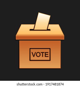 Gold Vote box or ballot box with envelope icon isolated on black background. Long shadow style. Vector.