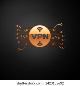 Gold VPN in circle with microchip circuit icon isolated on black background. Vector Illustration