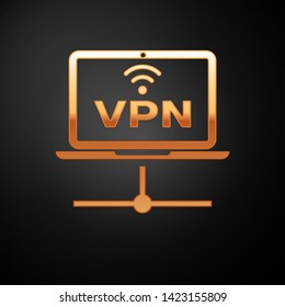 Gold VPN Computer network icon isolated on black background. Laptop network. Internet connection. Vector Illustration