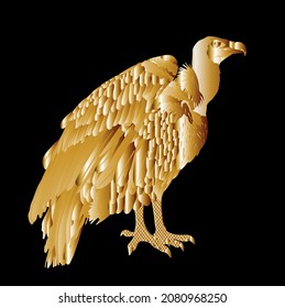 Gold vulture vector silhouette illustration isolated on black background. Big bird fortune symbol. Luxury griffon vulture zoo attraction.