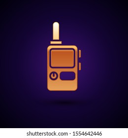 Gold Walkie talkie icon isolated on dark blue background. Portable radio transmitter icon. Radio transceiver sign.  Vector Illustration