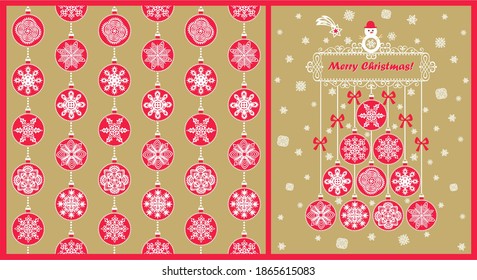  gold wallpaper and Christmas card with hanging balls garland with paper cutting snowflakes for wrapping paper and winter holidays greeting 