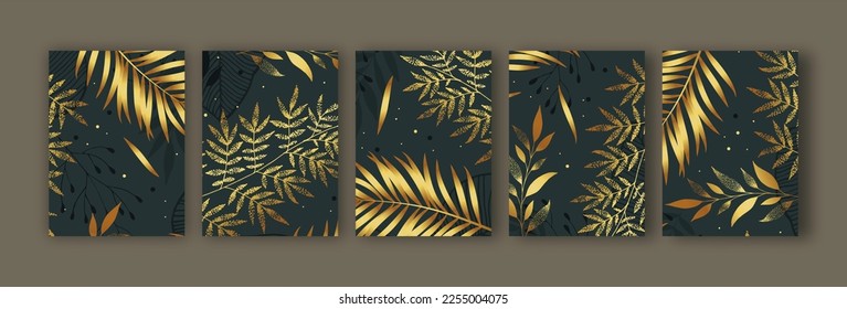 Gold wallpaper. Leaves wall art design with dark color. Modern art. Vector illustration.