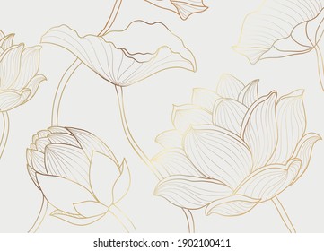 Gold wallpaper luxury design with lotus flower and leaf. Nelumbo lotos golden line arts. Floral design for poster, cover, fabric prints. Vector illustration.