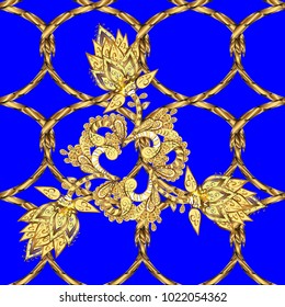 Gold Wallpaper on texture background. Gold floral ornament in baroque style. Golden element on blue, yellow and brown colors. Damask seamless repeating background.
