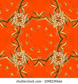 Gold Wallpaper on texture background. Gold floral ornament in baroque style. Damask seamless repeating background. Golden element on orange, brown and yellow colors.